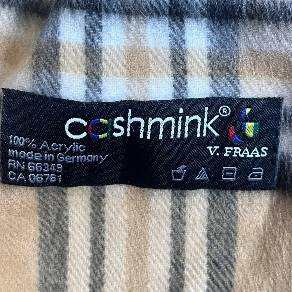 V Fraas Cashmink Classic Plaid Scarf With Fringe Tan Black Soft Fuzzy Cozy Warm